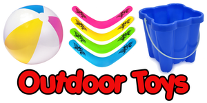 A range of outdoor and garden toys including boomerangs, buckets and spade sets, bubble machines and much more.