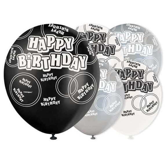 Pack of 6 Black Glitz Happy Birthday Latex Balloons 
