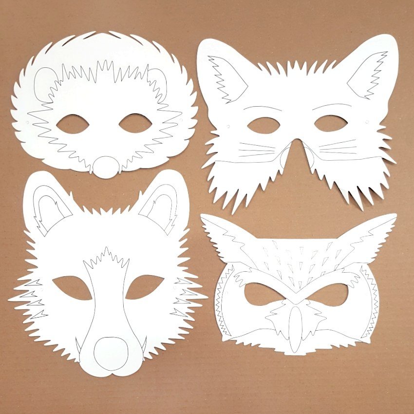 4 wood animal masks with 3 offers eyes