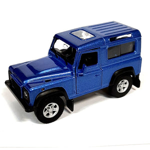 Diecast Land Rover Defender model in red, blue, white and silver toy car