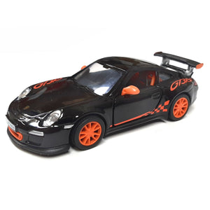 This iconic die cast model toy car of the Porsche 911 GT3 is available in 3 colours, orange, black, gun metal grey and white. Each car features the GT3 logos and stencils, opening doors and contrast colour door mirrors. Each model car measures approx. L 12.5 cm x W 4.5 cm x H 4 cm 