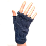Blue Knitted Fingerless Gloves With Silver Threads