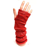 Red Long Fingerless Knitted Gloves With Silver Sparkle