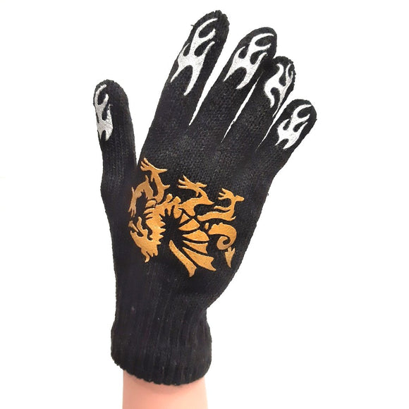 Knitted Gloves Black With Gold Dragon Print for Adults and Kids