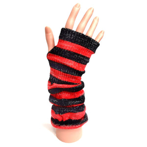 Long Knitted Fingerless Stripey Gloves With Silver Sparkle Thread