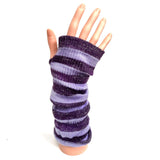 Purple and Lilac Long Knitted Fingerless Stripey Gloves With Silver Sparkle Thread