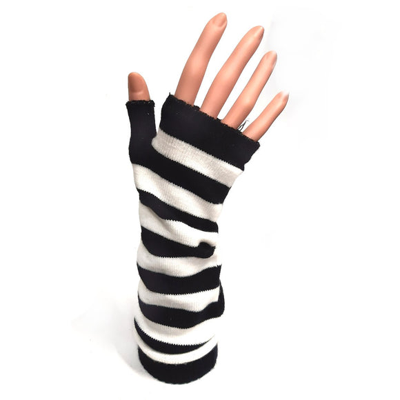 Long Fingerless Gloves Black and White Stripe