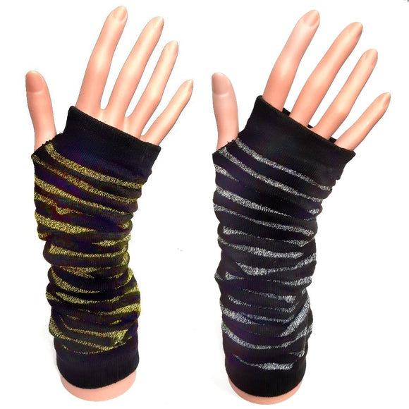 Long FIngerless Gloves Black and Metallic Stripe