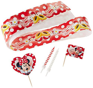 This Minnie Mouse Cake decorating kit has 19 pcs  Kit includes   1 x Cake Wrap  2 x Heart Shaped Minni Mouse Cake Picks  4 x Minnie Mouse Cake Flags  12 x Minnie Mouse Cake Candles