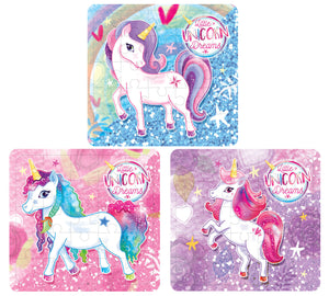 A pack of 6 Unicorn themed Puzzles made from card.  2 each of 3 designs.   Each puzzle has 25pcs and measures approx. 12 cm x 12 cm